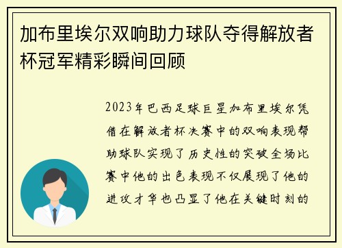 加布里埃尔双响助力球队夺得解放者杯冠军精彩瞬间回顾